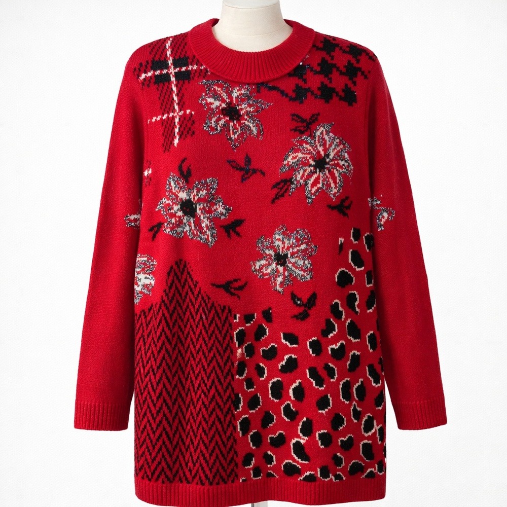 Vintage Y2K Alfred Dunner Floral‎ Sweater Size S Red Leopard Teacher Maximalist